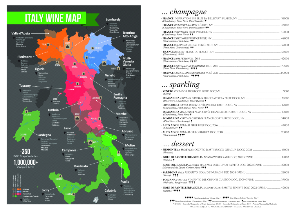 Wine list at Casa Lenzi Italian restaurant in Bangkok featuring Italian and French wines