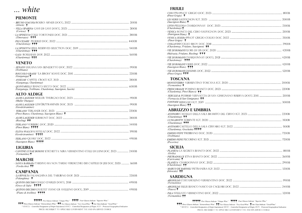 Wine list at Casa Lenzi Italian restaurant in Bangkok featuring Italian and French wines