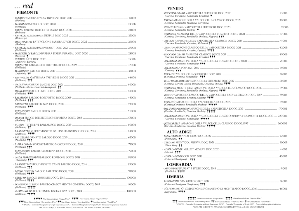Wine list at Casa Lenzi Italian restaurant in Bangkok featuring Italian and French wines