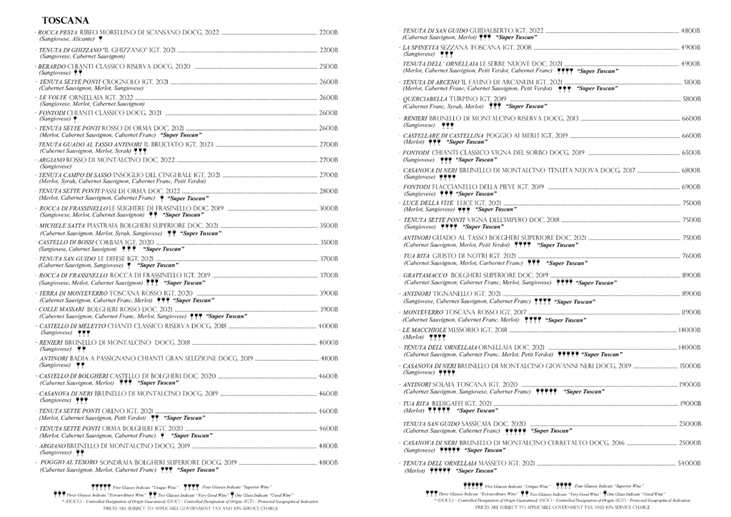 Wine list at Casa Lenzi Italian restaurant in Bangkok featuring Italian and French wines