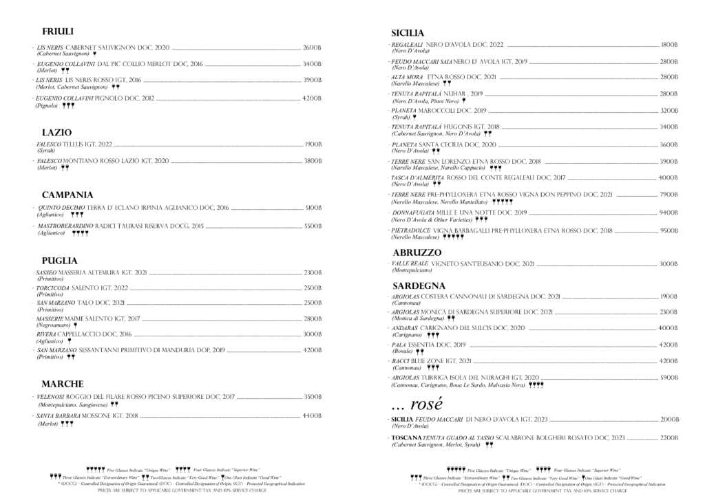 Wine list at Casa Lenzi Italian restaurant in Bangkok featuring Italian and French wines
