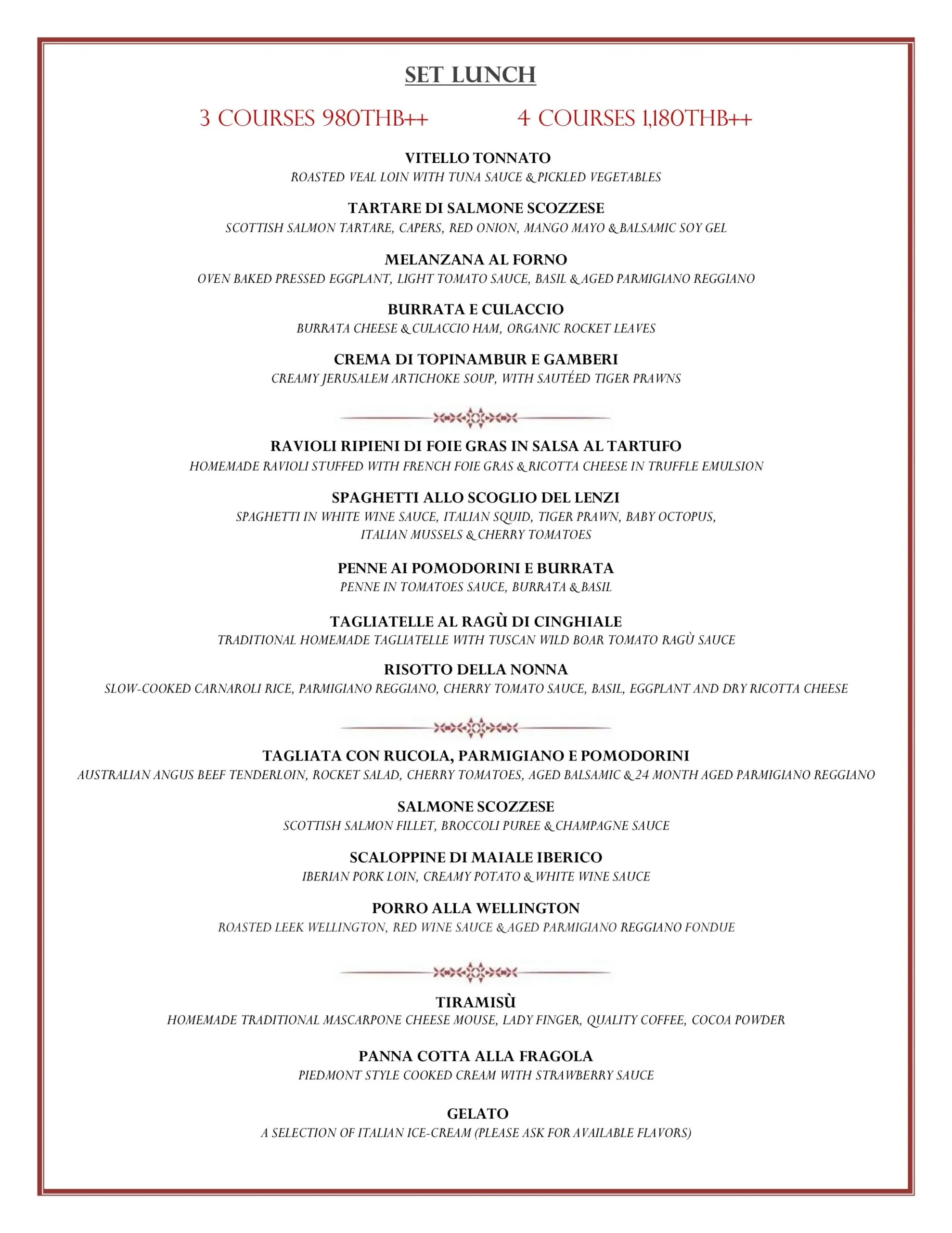 Italian set lunch menu at Casa Lenzi Italian restaurant Thonglor Sukhumvit 49 Bangkok
